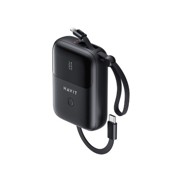 10000mAh Power Bank with Display, USB-C & Lightning Cable - Black % 10000mAh Power Bank with Display, USB-C & Lightning Cable - Black