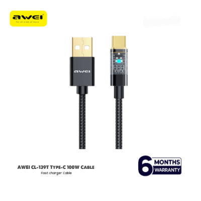 100W Type-C Fast Charger Cable - AWEI CL-139T, 1M Length, Smart Technology % 100W Type-C Fast Charger Cable - AWEI CL-139T, 1M Length, Smart Technology