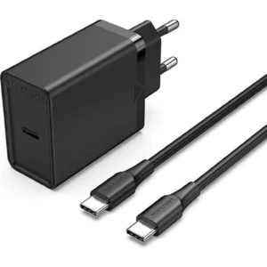 25W USB-C Wall Charger with Cable - EU Plug, Premium Black Design