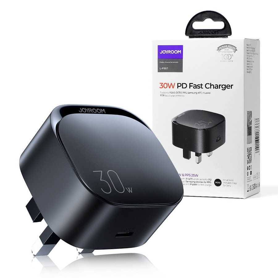 30W PD Type-C Fast Charger in Black - JOYROOM L-P307 for Rapid Charging % 30W PD Type-C Fast Charger in Black - JOYROOM L-P307 for Rapid Charging