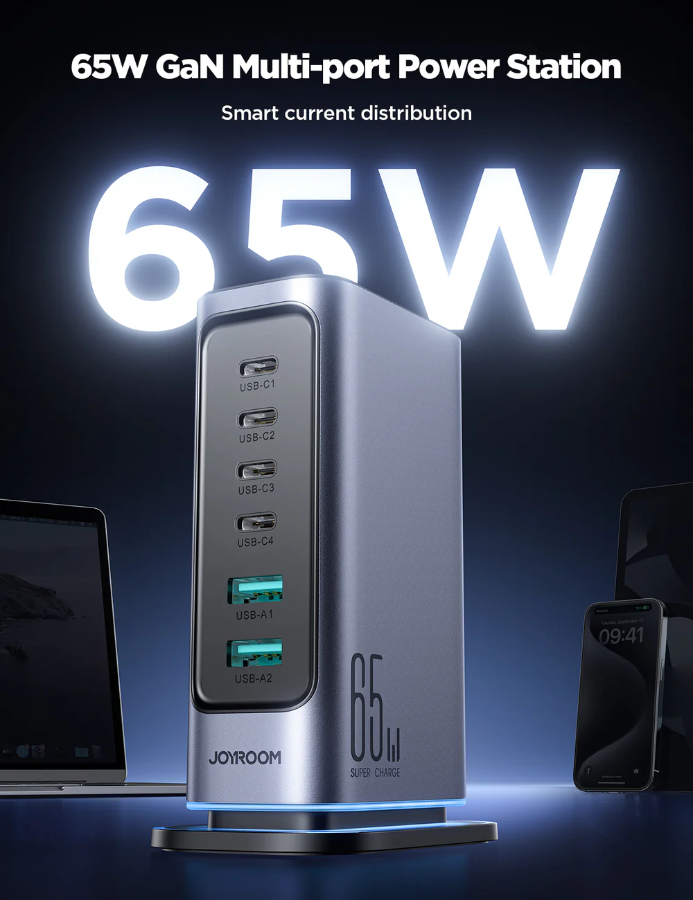65W Multi-Port Fast Charger for Quick Device Charging, Compact Design % 65W Multi-Port Fast Charger for Quick Device Charging, Compact Design