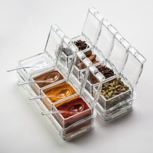 Acrylic Spice Organizer Set with 4 Compartments and Spoon - Kitchen Storage Box