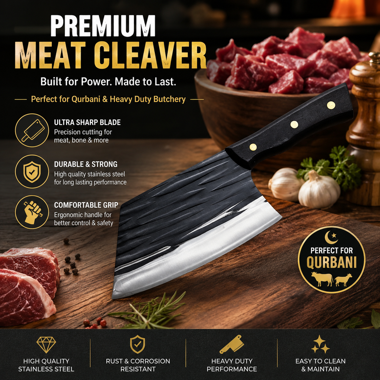 Black Hammered Finish Kitchen Cleaver - Premium Quality Chef's Knife % Black Hammered Finish Kitchen Cleaver - Premium Quality Chef's Knife