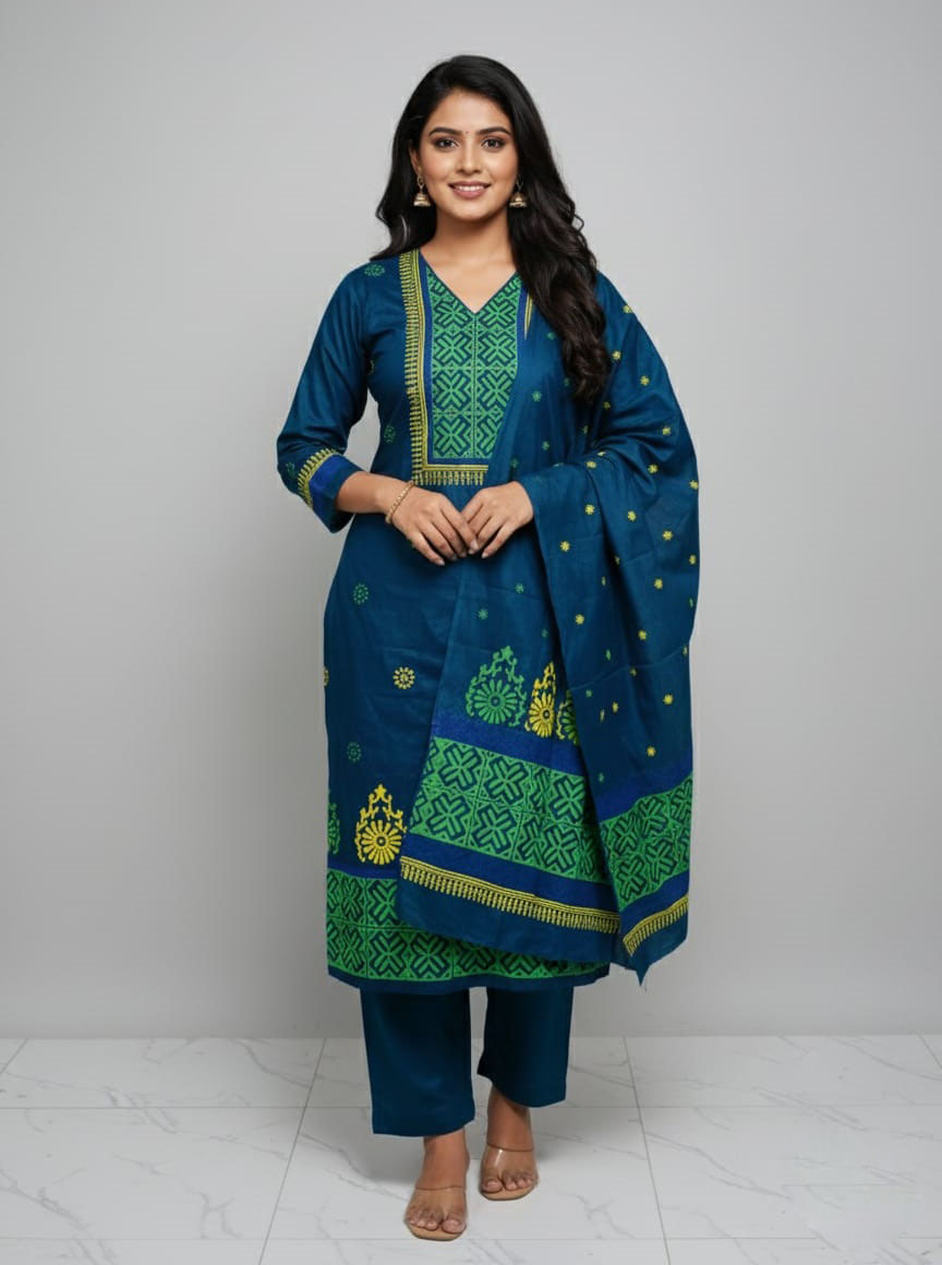 Block Print Three-Piece Set - Elegant and Versatile Outfit for Any Occasion % Block Print Three-Piece Set - Elegant and Versatile Outfit for Any Occasion