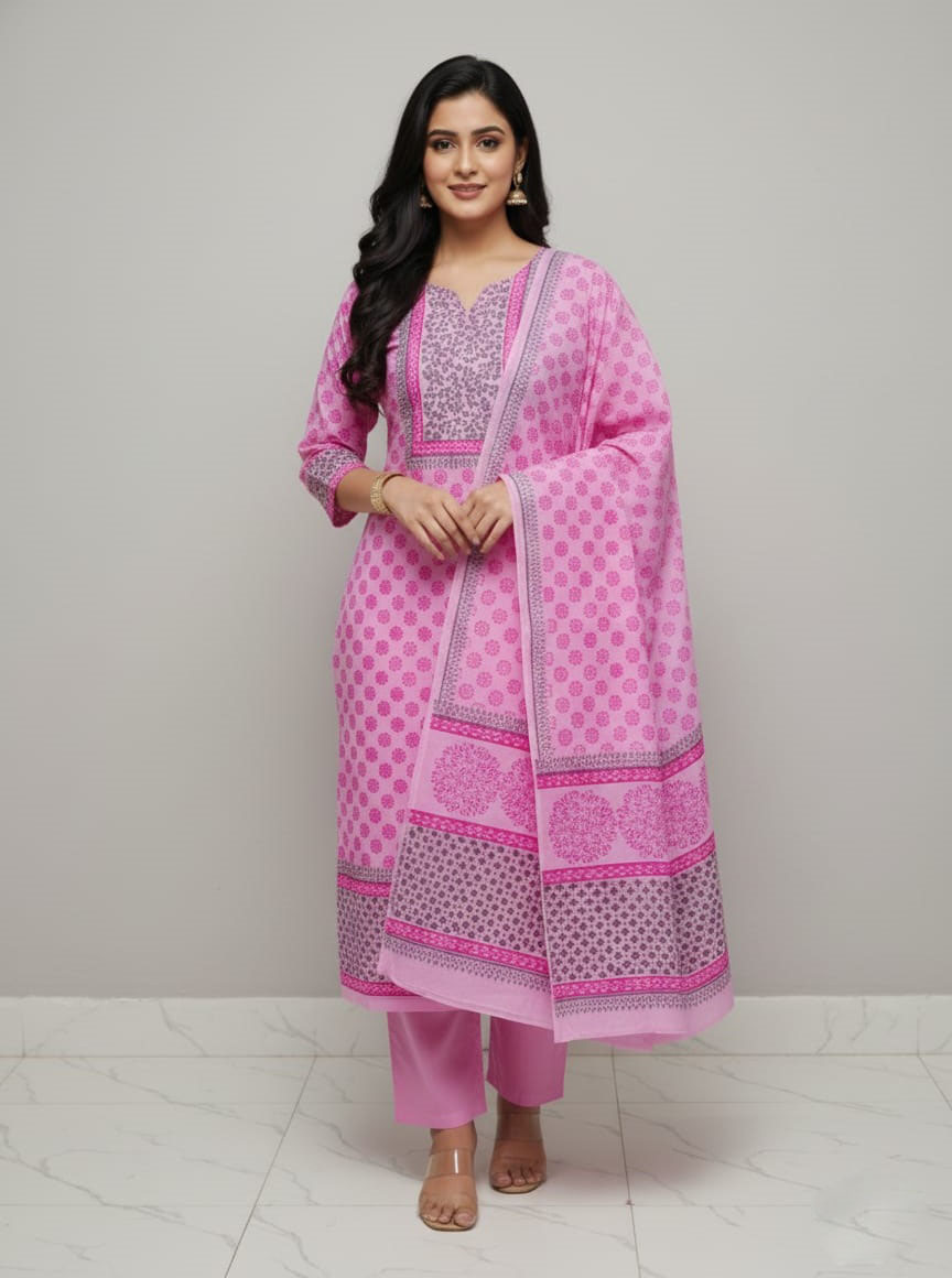 Block Print Three-Piece Set - Elegant & Stylish Outfit for Every Occasion % Block Print Three-Piece Set - Elegant & Stylish Outfit for Every Occasion