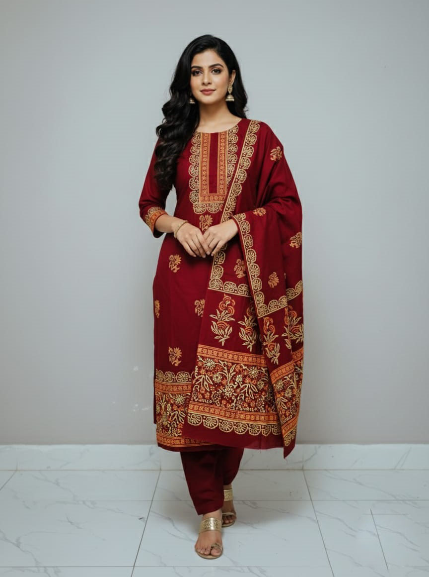 Block Print Three-Piece Set - Stylish and Versatile Ensemble for Any Occasion % Block Print Three-Piece Set - Stylish and Versatile Ensemble for Any Occasion