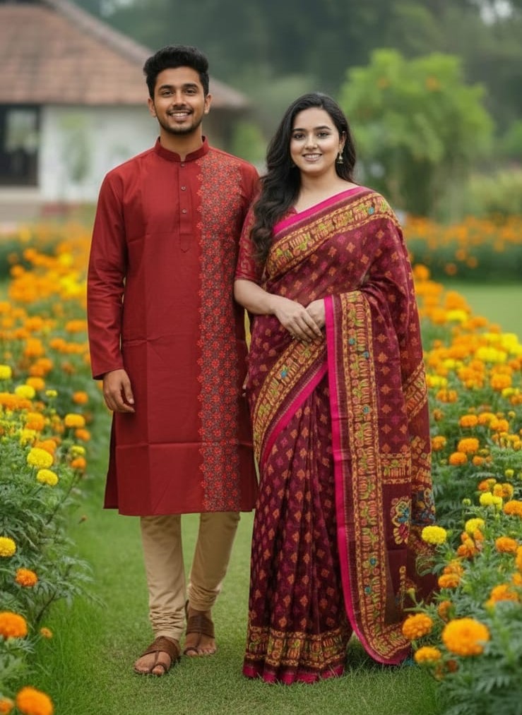 Couple Matching Sharees - Elegant Traditional Attire for Him and Her % Couple Matching Sharees - Elegant Traditional Attire for Him and Her