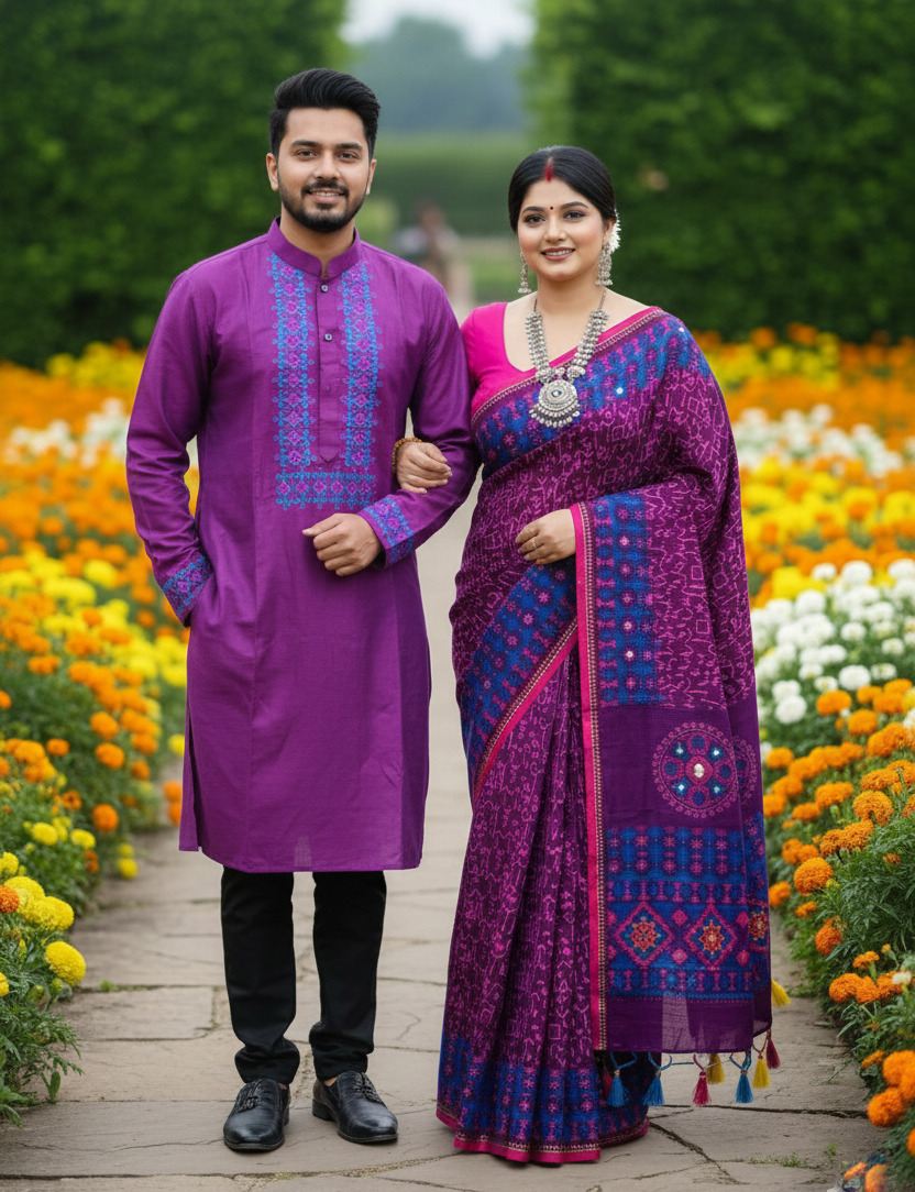 Couple Matching Sharees - Elegant Traditional Attire for Him and Her % Couple Matching Sharees - Elegant Traditional Attire for Him and Her