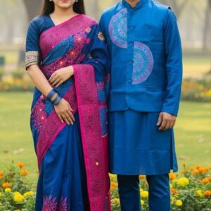 Couples Ethnic Wear Set with Koti - Stylish Sharee & Panjabi Combo