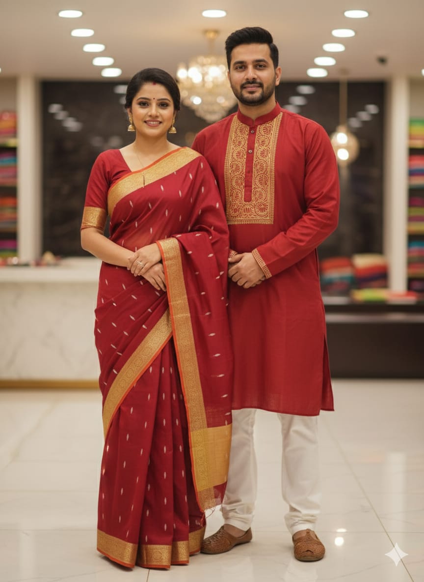 Couple's Sharee Panjabi Set with Stylish Blouse Piece for Elegant Occasions % Couple's Sharee Panjabi Set with Stylish Blouse Piece for Elegant Occasions