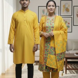 Couple's Three-Piece Panjabi Set - Elegant Traditional Attire for Him and Her