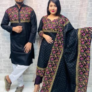 Couple's Three-Piece Panjabi Set - Elegant Traditional Attire for Him and Her
