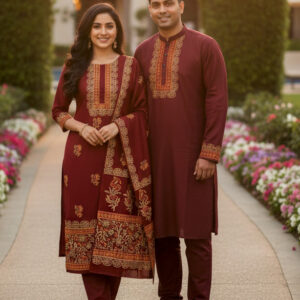 Couple's Three-Piece Panjabi Set – Elegant Traditional Attire for Him & Her