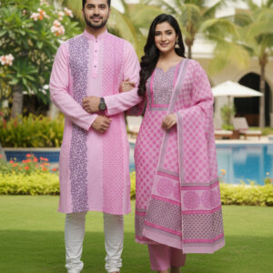 Couple's Three-Piece Panjabi Set - Elegant Traditional Wear for Him and Her