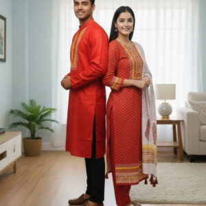Couples' Three-Piece Panjabi Set - Elegant Traditional Wear for Him & Her