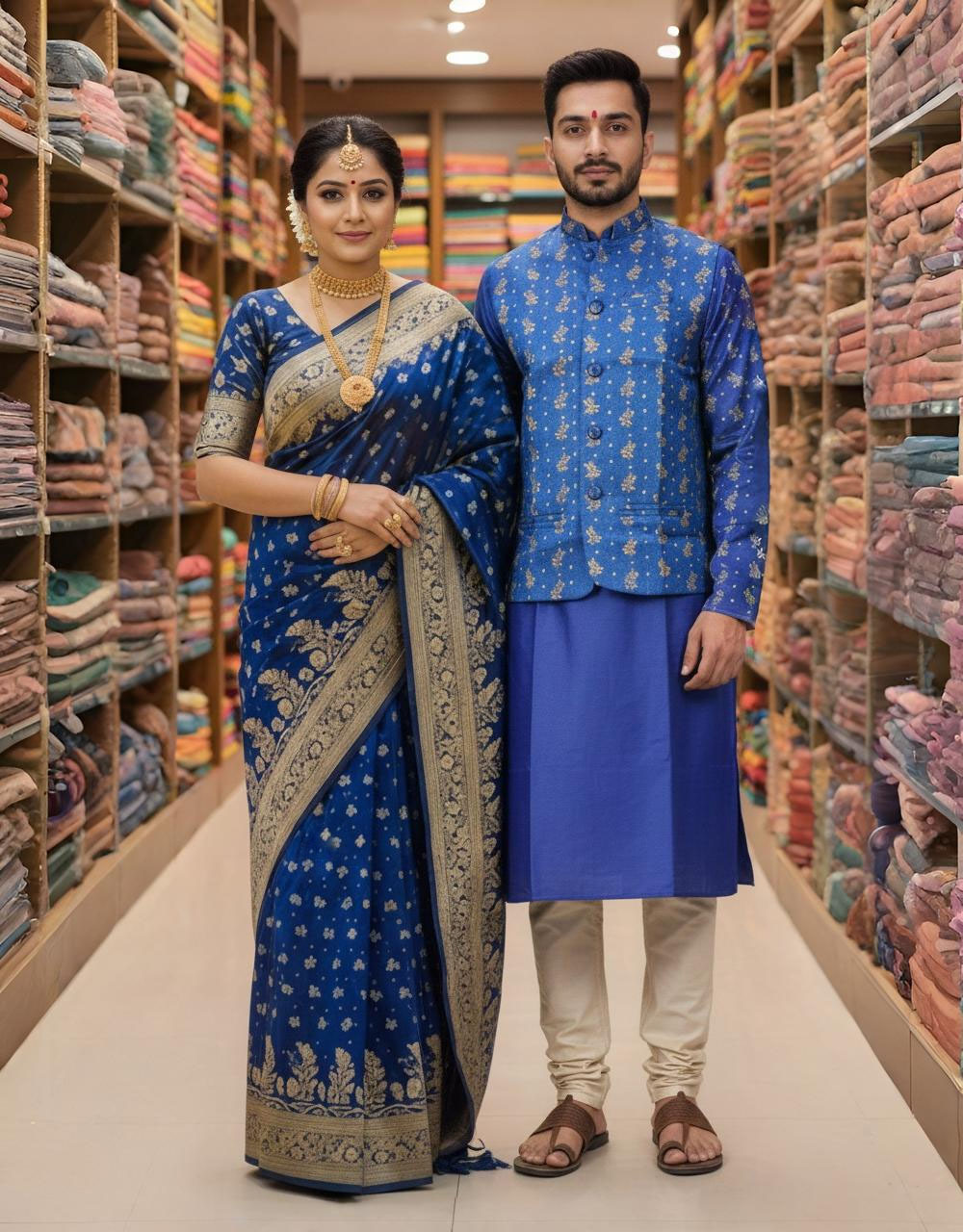 Couple's Traditional Sharee and Panjabi Set with Stylish Koti % Couple's Traditional Sharee and Panjabi Set with Stylish Koti