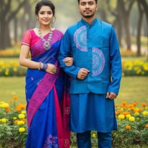 Couples' Traditional Sharee Panjabi Set with Stylish Koti Jacket