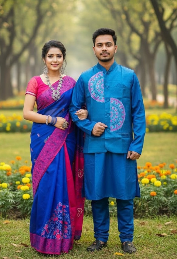 Couples' Traditional Sharee Panjabi Set with Stylish Koti Jacket % Couples' Traditional Sharee Panjabi Set with Stylish Koti Jacket