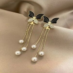 Cubic Zirconia Butterfly Drop Earrings with Faux Pearl Accents