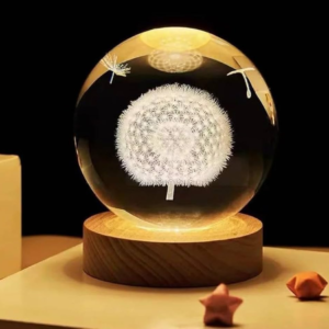 Dandelion Design 3D Crystal Ball with Color-Changing Base
