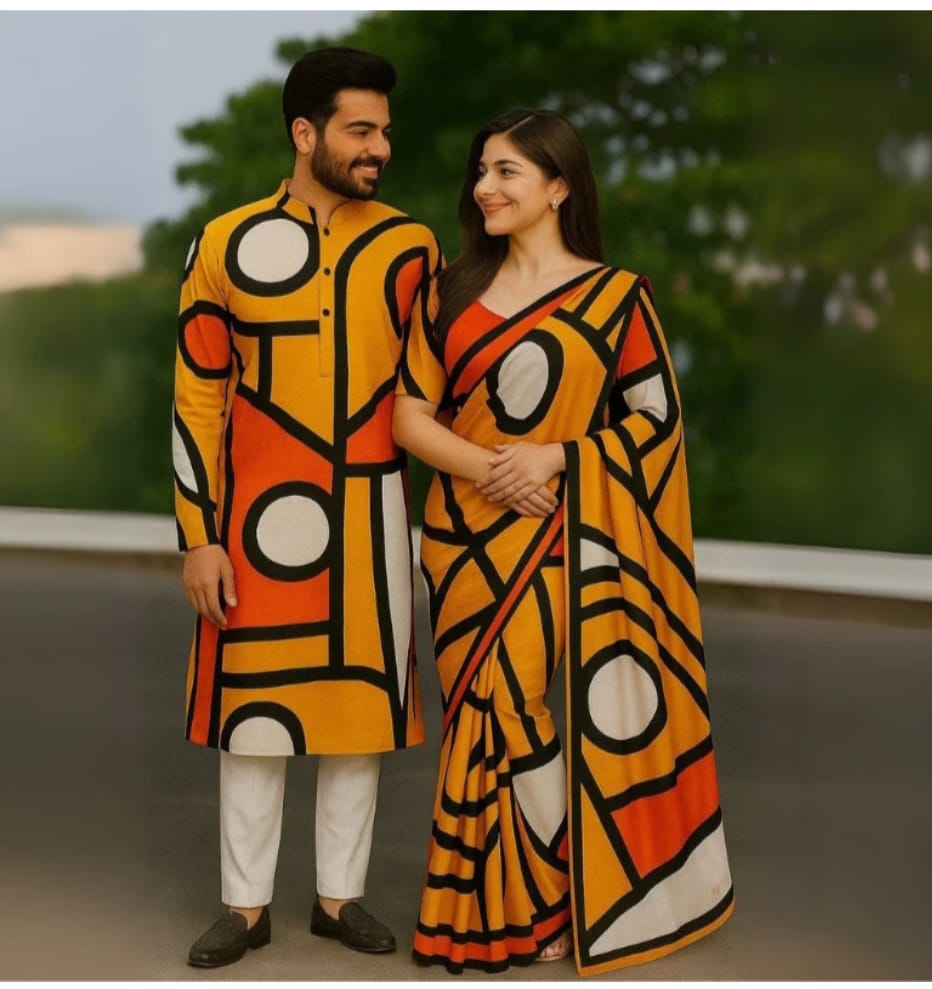 Eid Celebration Couple's Sharee and Panjabi Set - Elegant Traditional Attire % Eid Celebration Couple's Sharee and Panjabi Set - Elegant Traditional Attire