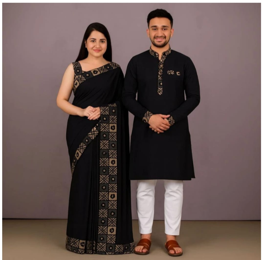 Eid Celebration Couple's Sharee and Panjabi Set - Elegant Traditional Attire % Eid Celebration Couple's Sharee and Panjabi Set - Elegant Traditional Attire