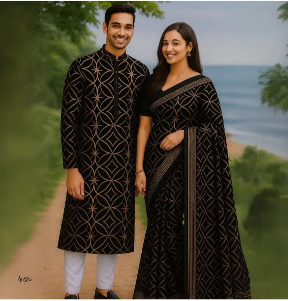 Eid Celebration Couple's Sharee and Panjabi Set - Elegant Traditional Attire % Eid Celebration Couple's Sharee and Panjabi Set - Elegant Traditional Attire