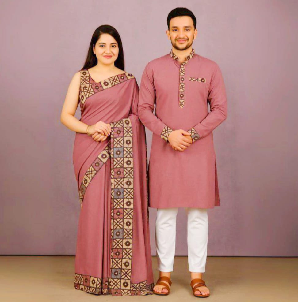 Eid Celebration Couple's Sharee and Panjabi Set - Elegant Traditional Attire % Eid Celebration Couple's Sharee and Panjabi Set - Elegant Traditional Attire