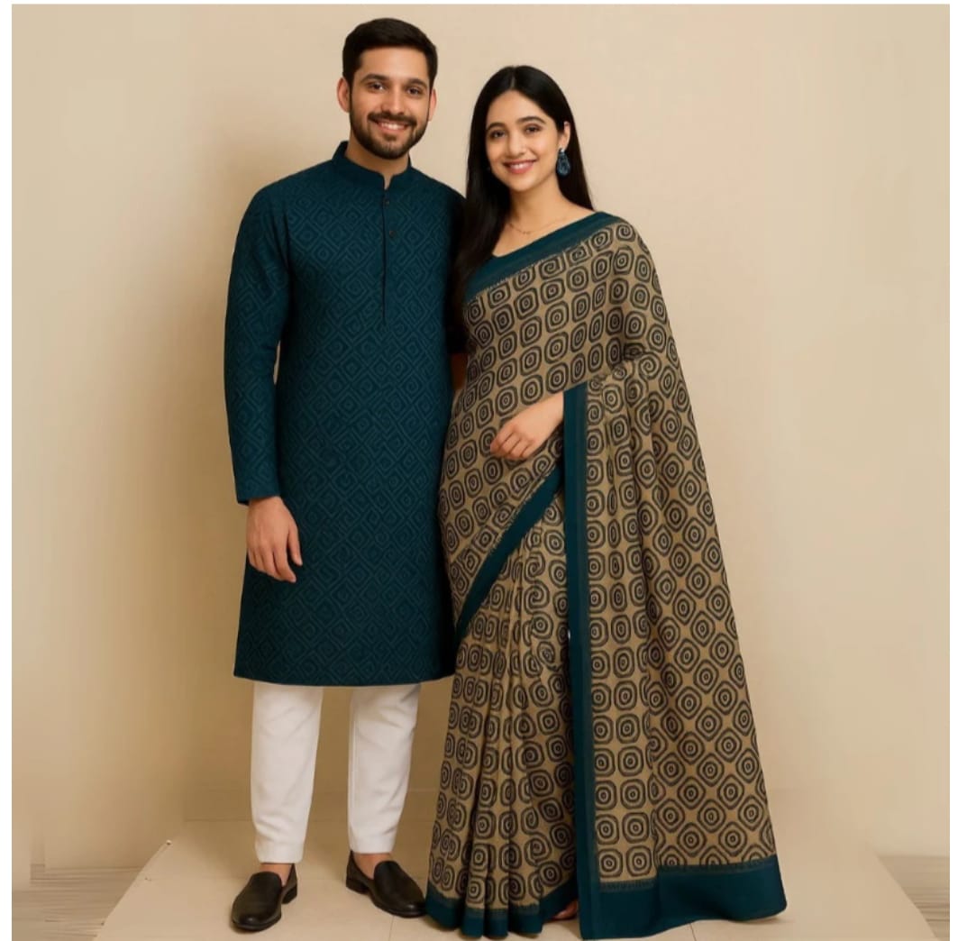 Eid Celebration Couple's Sharee and Panjabi Set - Elegant Traditional Attire % Eid Celebration Couple's Sharee and Panjabi Set - Elegant Traditional Attire