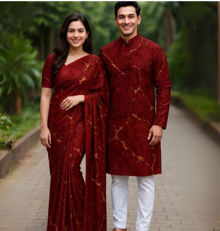 Eid Celebration Couple's Sharee and Panjabi Set - Elegant Traditional Attire % Eid Celebration Couple's Sharee and Panjabi Set - Elegant Traditional Attire