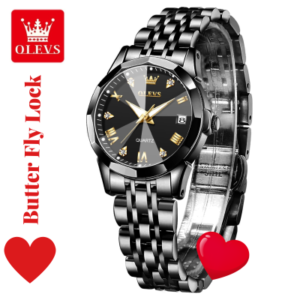 Elegant Black Women's OLEVS Watch with Butterfly Lock Design