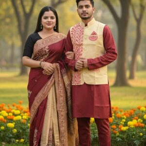 Elegant Couple’s Cotton Panjabi Set with Stylish Koti for Special Occasions