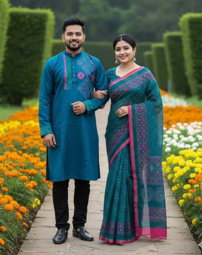 Elegant Couple Sharee Set - Premium Quality Traditional Attire for Couples % Elegant Couple Sharee Set - Premium Quality Traditional Attire for Couples