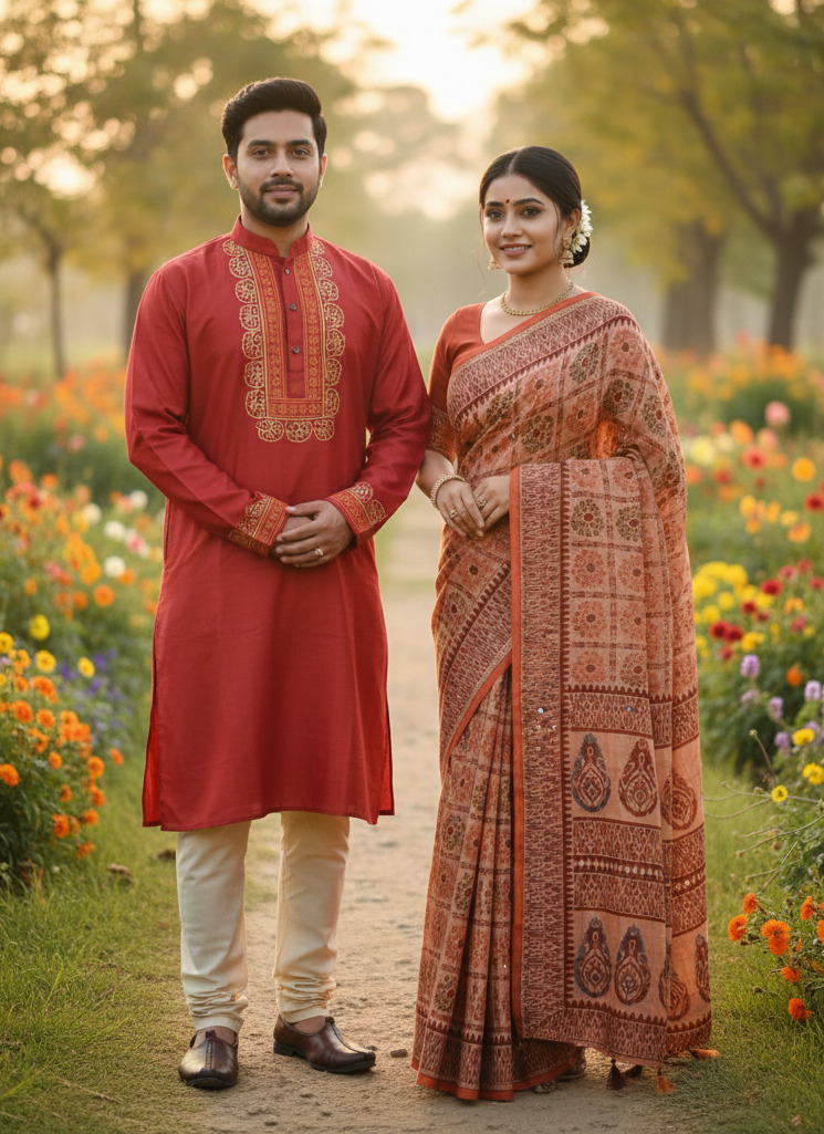 Elegant Couple Sharee Set - Premium Quality Traditional Attire for Couples % Elegant Couple Sharee Set - Premium Quality Traditional Attire for Couples