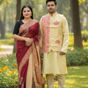 Elegant Couple's Koti Set with Traditional Sharee and Panjabi Outfit