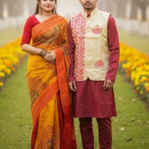 Elegant Couple's Koti with Traditional Sharee Panjabi Ensemble