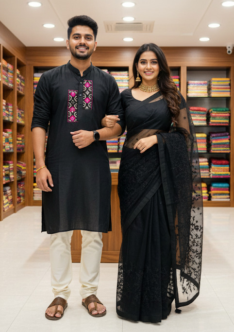 Elegant Couple's Panjabi and Sharee Set for Special Occasions % Elegant Couple's Panjabi and Sharee Set for Special Occasions