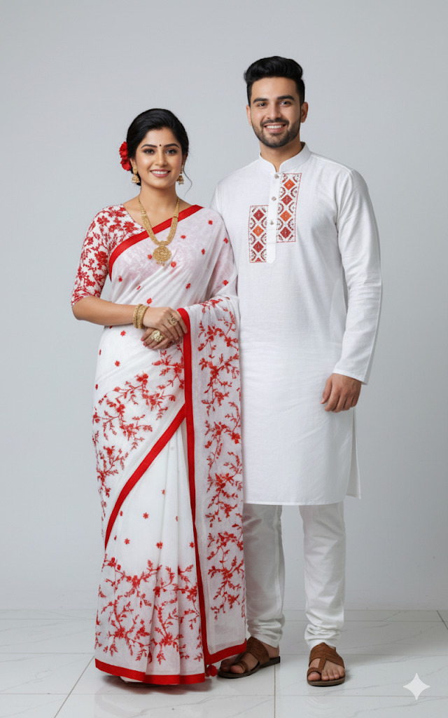 Elegant Couple's Panjabi and Sharee Set for Special Occasions % Elegant Couple's Panjabi and Sharee Set for Special Occasions