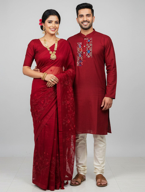 Elegant Couple's Panjabi and Sharee Set for Special Occasions % Elegant Couple's Panjabi and Sharee Set for Special Occasions
