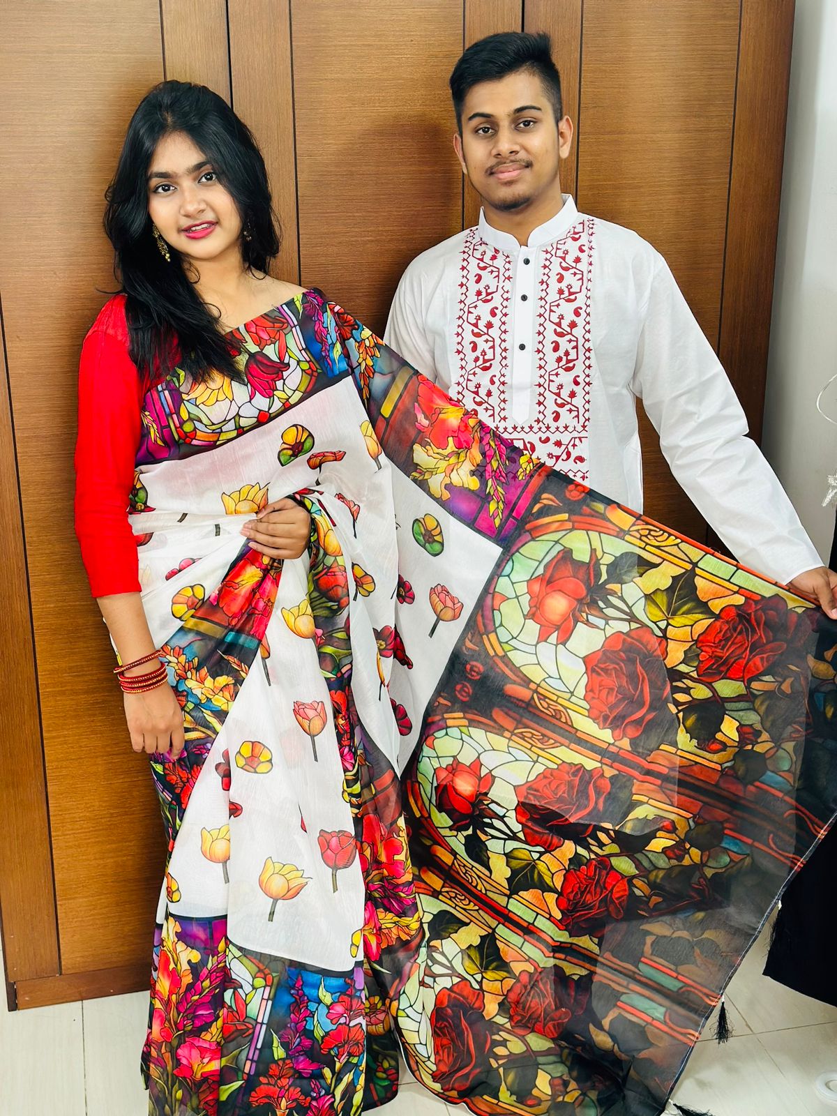 Elegant Couple's Panjabi Set with Blouse Piece for Traditional Attire % Elegant Couple's Panjabi Set with Blouse Piece for Traditional Attire