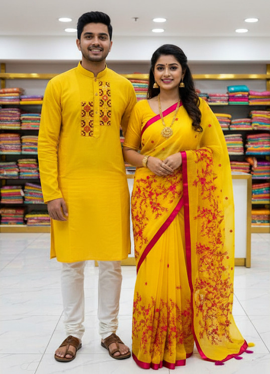 Elegant Couple's Premium Panjabi and Sharee Set for Special Occasions % Elegant Couple's Premium Panjabi and Sharee Set for Special Occasions