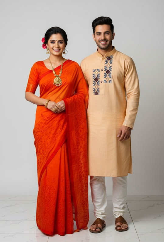 Elegant Couple's Sharee and Panjabi Set for Special Occasions % Elegant Couple's Sharee and Panjabi Set for Special Occasions