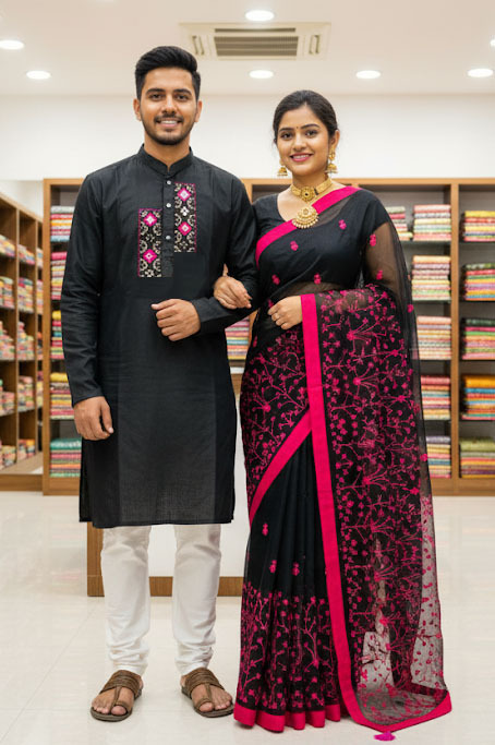 Elegant Couple's Sharee and Panjabi Set for Special Occasions % Elegant Couple's Sharee and Panjabi Set for Special Occasions