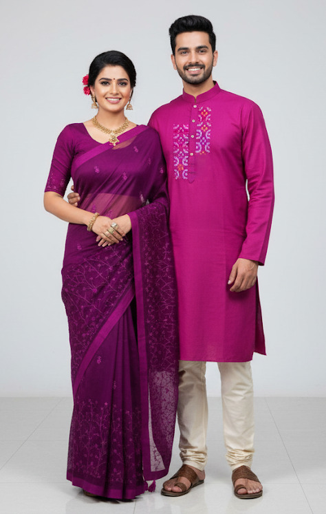 Elegant Couple's Sharee and Panjabi Set for Special Occasions % Elegant Couple's Sharee and Panjabi Set for Special Occasions