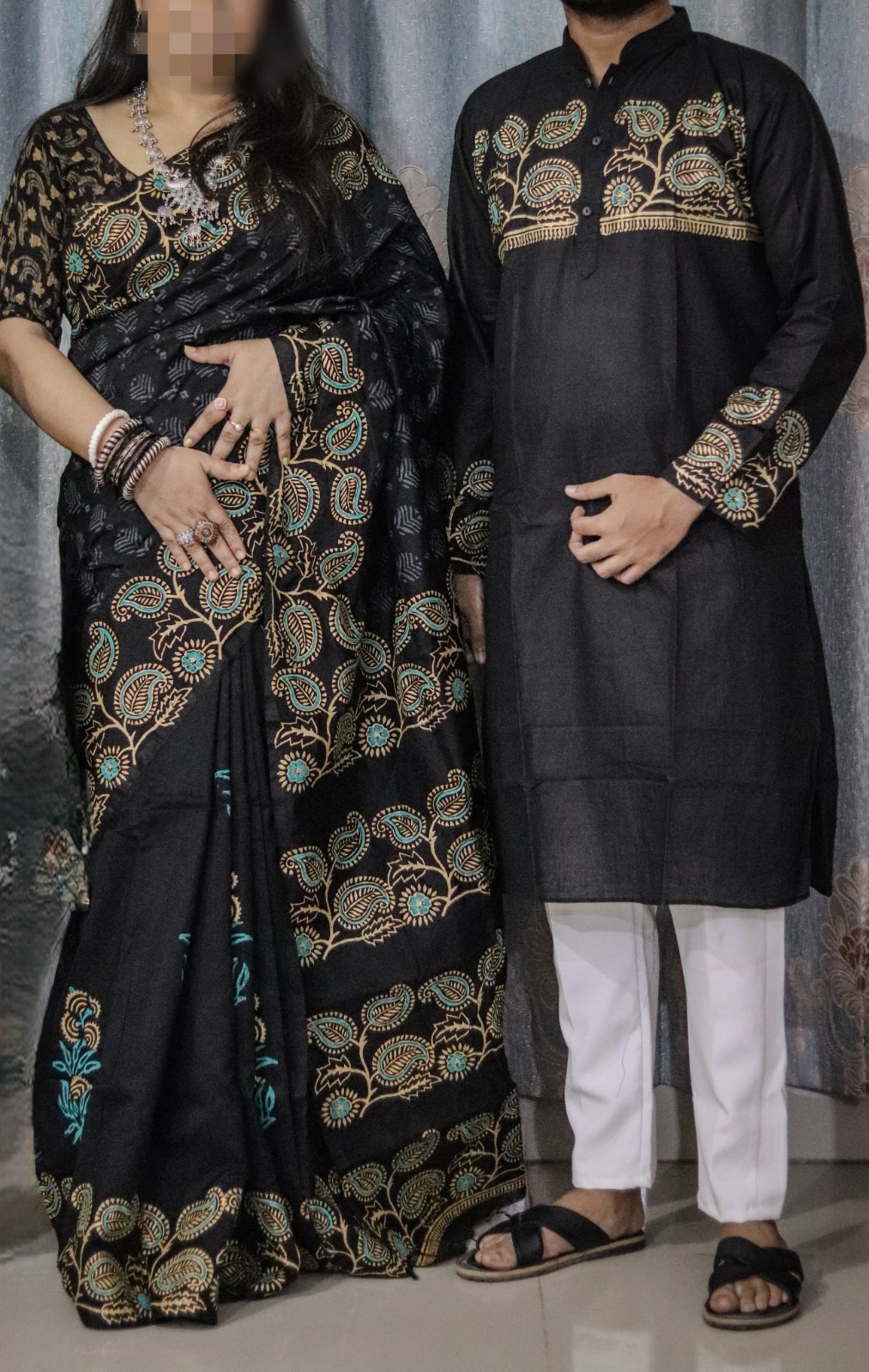 Elegant Couple's Sharee and Panjabi Set - Premium Traditional Attire % Elegant Couple's Sharee and Panjabi Set - Premium Traditional Attire