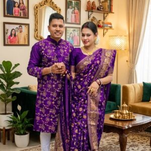 Elegant Couple's Sharee and Panjabi Set with Blouse Piece for Special Occasions