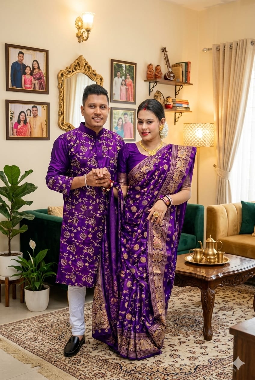 Elegant Couple's Sharee and Panjabi Set with Blouse Piece for Special Occasions % Elegant Couple's Sharee and Panjabi Set with Blouse Piece for Special Occasions