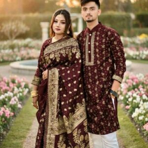 Elegant Couple's Sharee and Panjabi Set with Blouse Piece for Special Occasions