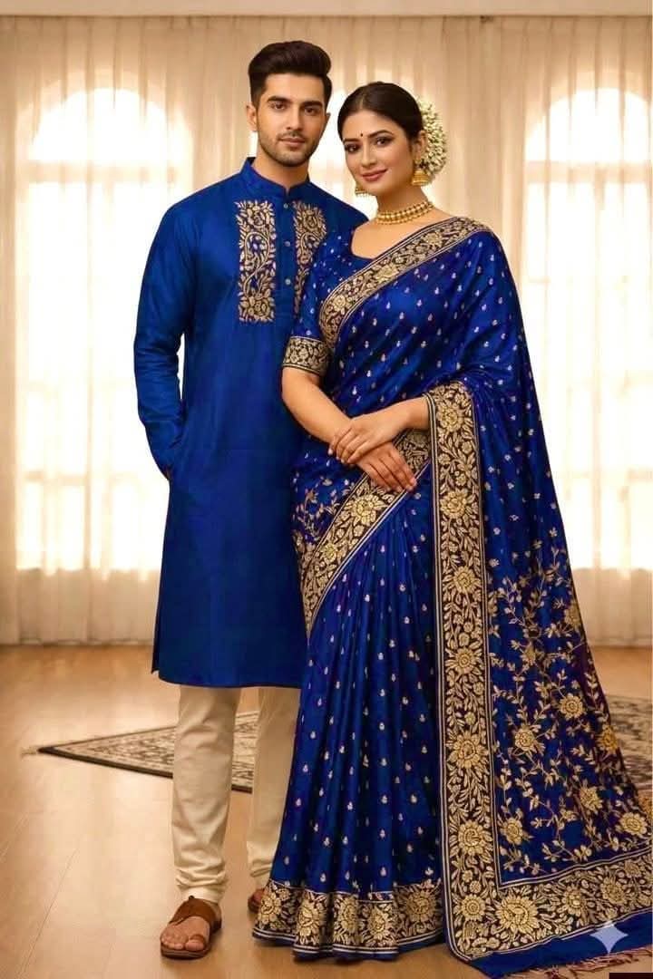 Elegant Couple's Sharee and Panjabi Set with Blouse Piece for Special Occasions % Elegant Couple's Sharee and Panjabi Set with Blouse Piece for Special Occasions