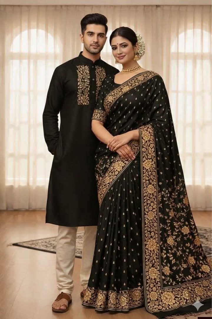 Elegant Couple's Sharee and Panjabi Set with Blouse Piece for Special Occasions % Elegant Couple's Sharee and Panjabi Set with Blouse Piece for Special Occasions